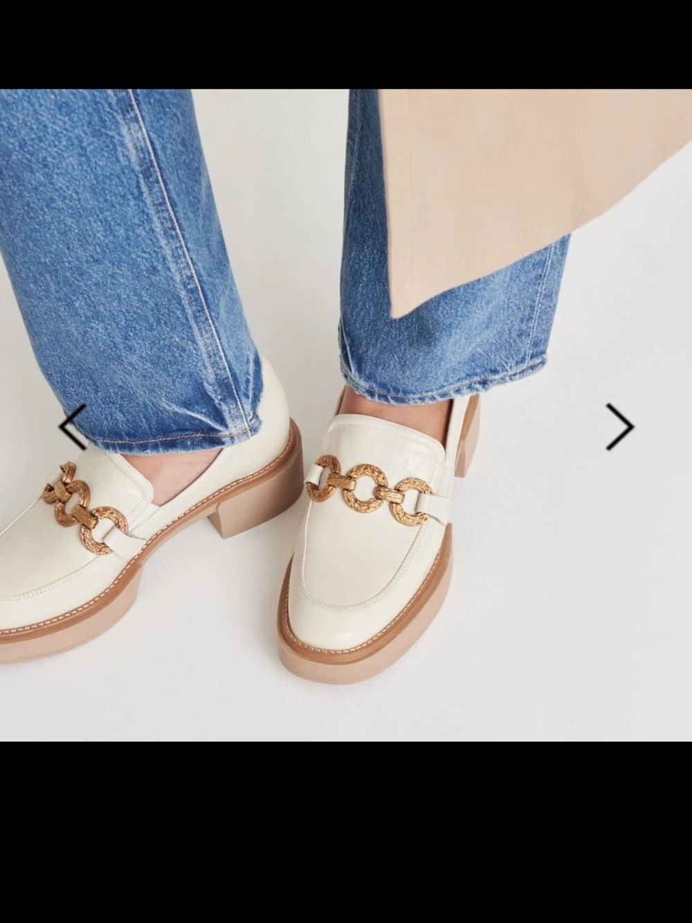 Dolce Vita Cream Loafers with Gold Chain Trim